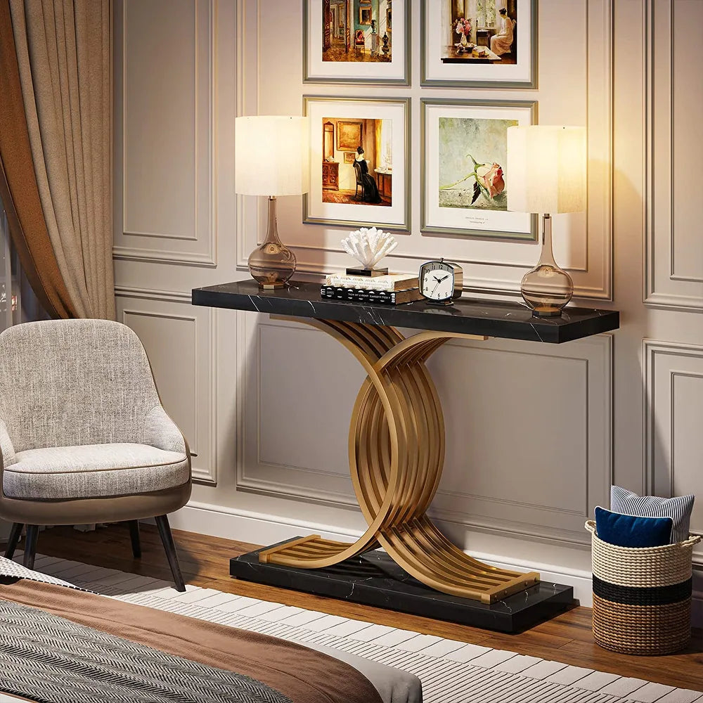 Estello Faux Marble Console Sofa Table by Luxo Nation: Modern Entryway Foyer Table in Sleek Black